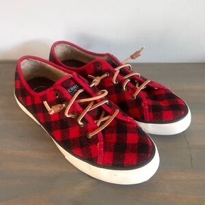 Sperry Top Sider Buffalo Red Wool/ Faux Fur Plaid Shoes Camping Cabincore Sz 9